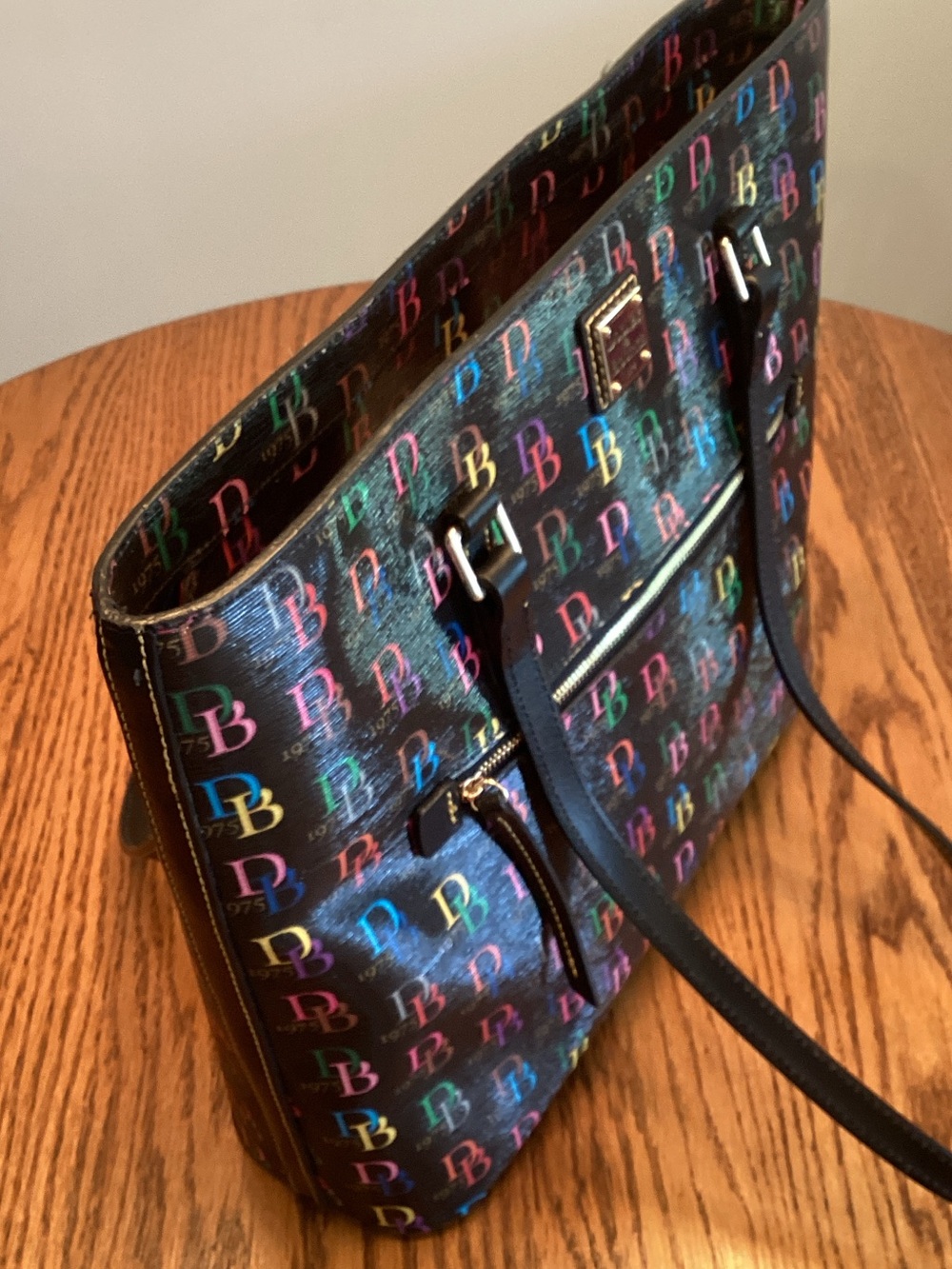 Dooney & Bourke Black Multicolor DB Logo Tote with Gold Plaque - Picture 3 of 6